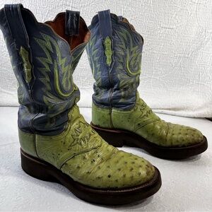 Vintage Lucchese 2000 Womens 8 Ostrich Quill Leather Cowboy Boots Green